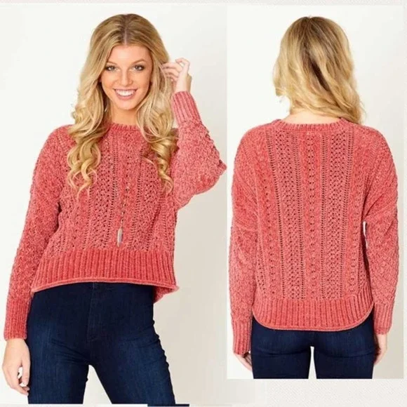 SOLD LIVE Chenille Sweater NEW Rose Pink Semi Crop Sweater - Picture 5 of 5